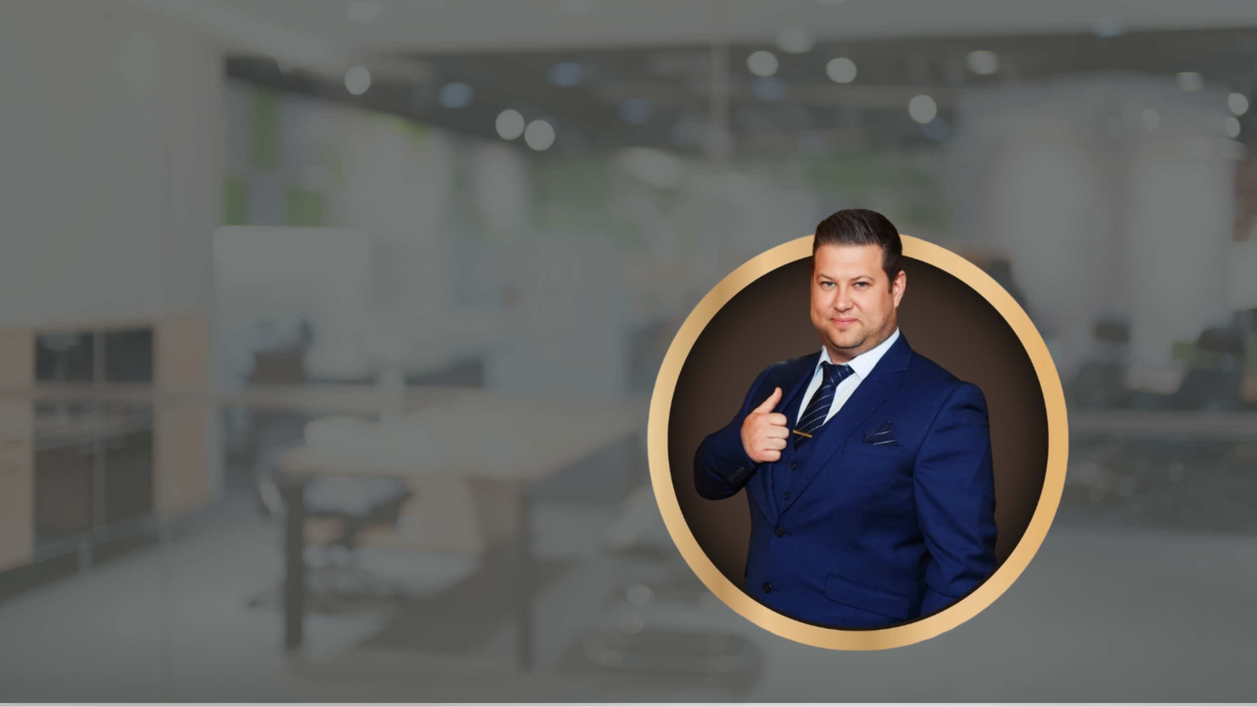 Casper le Grange in a navy suit, confidently posed in a gold frame over a modern office background. Used for blog, website, or video content on debt counselling and financial wellness.